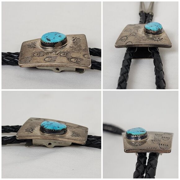 Vintage Sterling Silver Bolo Tie Slide Native American Turquoise Bear Claw LP - Picture 6 of 11